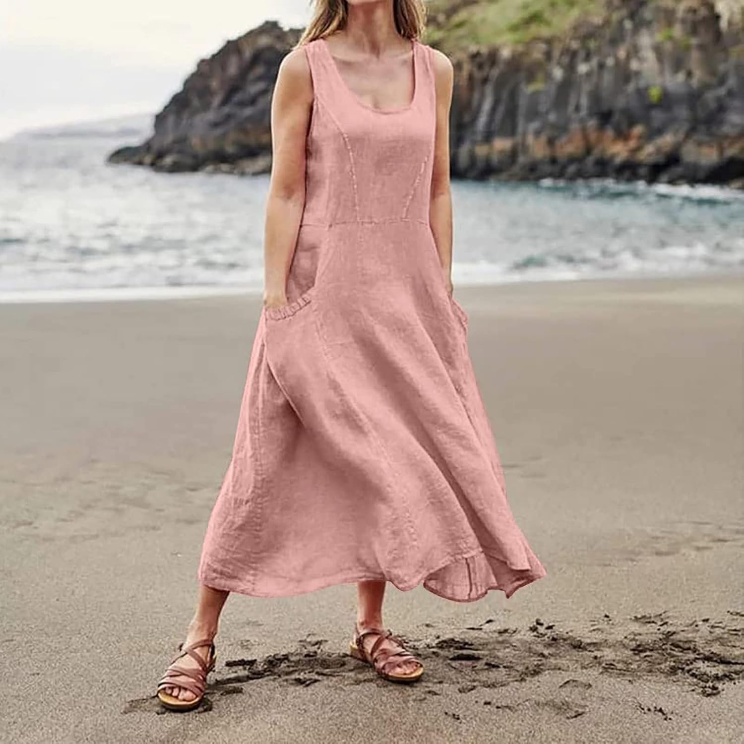 MARSVOVO Linen Dress for Women Maxi Dress Summer 2023 Cotton Sleeveless Loose Dresses Crewneck Flowy Long Dress with Pockets - Image 3