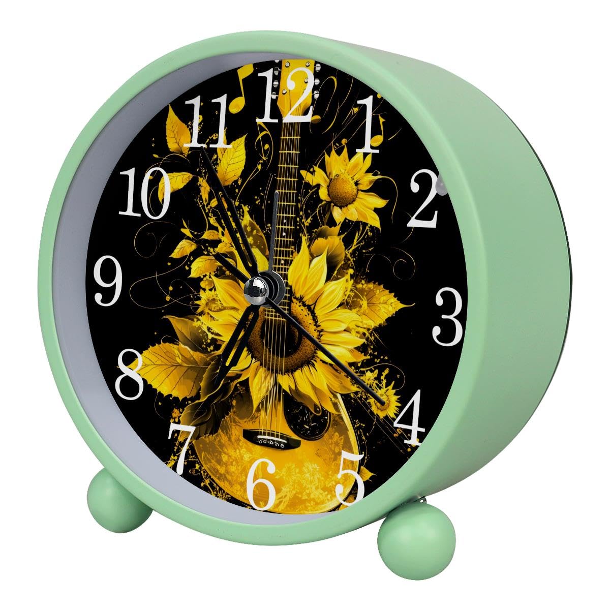 Luoweisi Alarm Clock Guitar Sunflowers, Silent Non-Ticking with Night Light, Round Metal Alarm Clock for Office, Battery Operated, Bedroom, Elderly, Adults, Children, Student Gifts