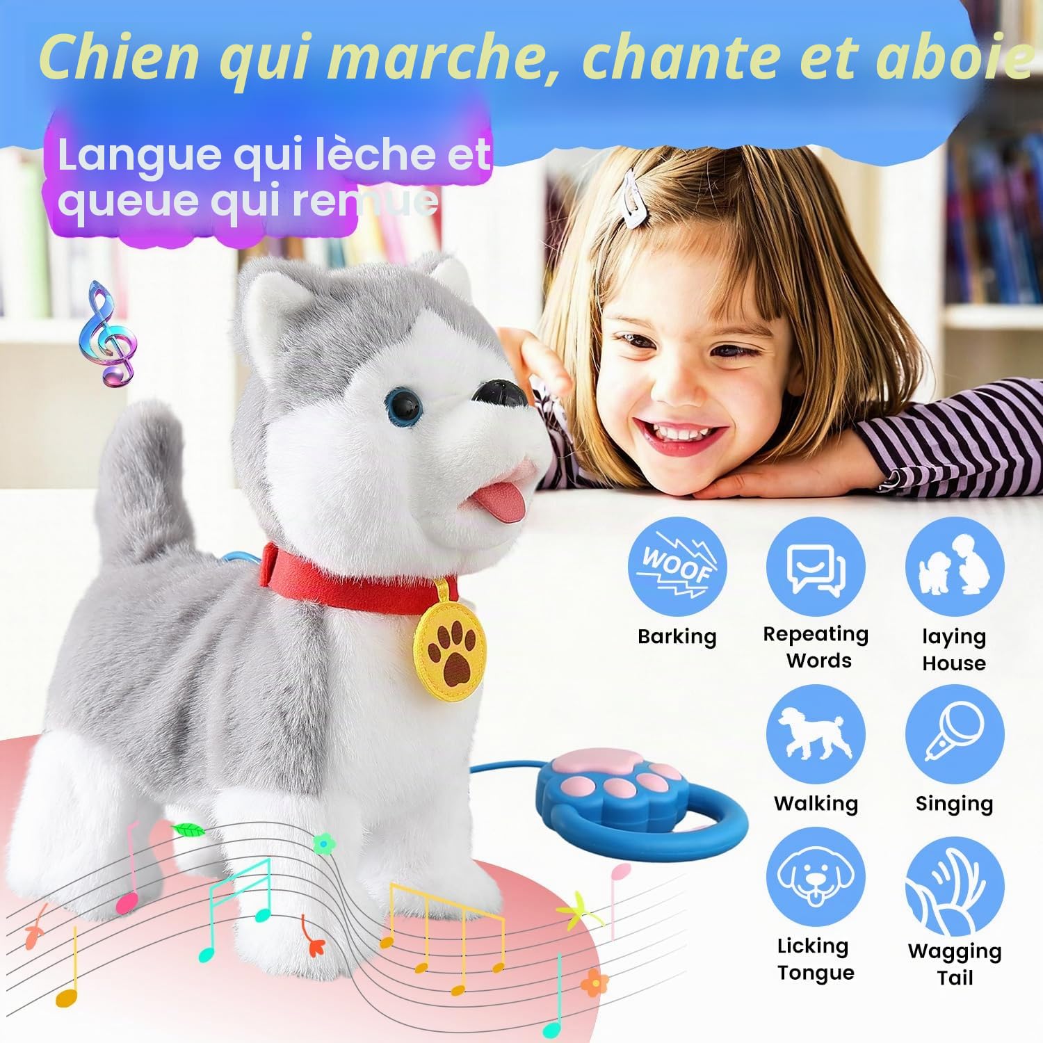 Jouet husky chantant qui marche qui aboie et répète ce que vous dites - Queue réaliste et léchante - Chien mécanique avec touche électronique ou parole