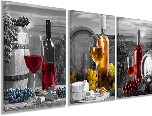 YUANAND Arte de pared de frutas de vino, decoración de cocina, copas de vino tinto y barril de uva, ilustraciones modernas, cuadros listos para
