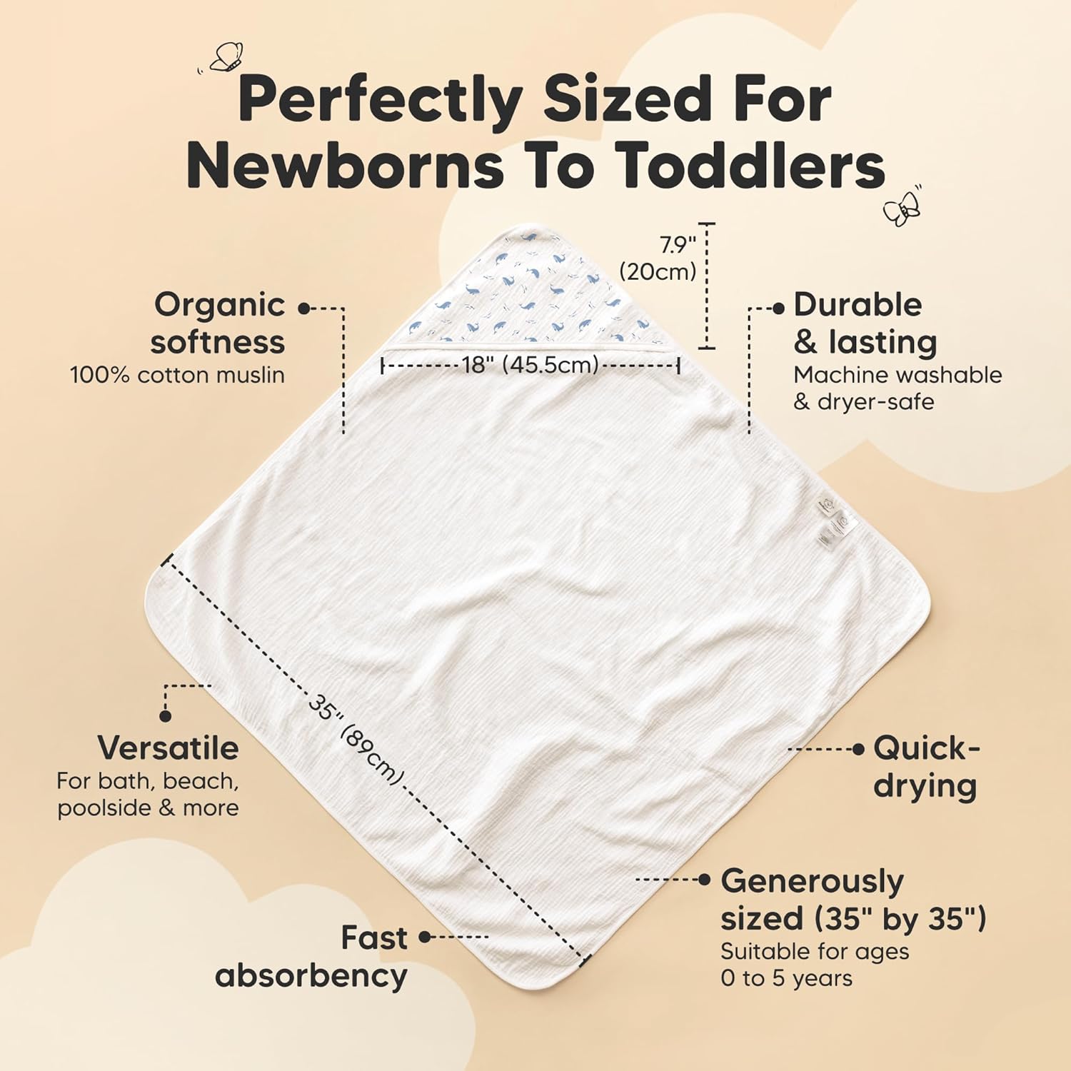 KeaBabies Muslin Baby Bath Towels with Hood for Girls,Boys-Large Organic Cotton Hooded Baby Towels for Newborns,Toddlers,Infant,Kids,Soft Absorbent Newborn Bath Essentials Gift Set(Whale Bay, Regular) - Image 3