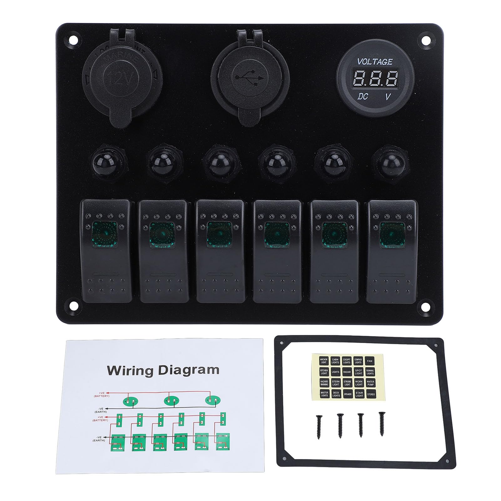 Generic Panel Przełączników Kołyskowych 6-krotny z ładowarką USB i Woltomierzem do łodzi, Pojazdów Kempingowych, SUV-ów, Trwała Konstrukcja ze Stopu Aluminium (zielone światło)