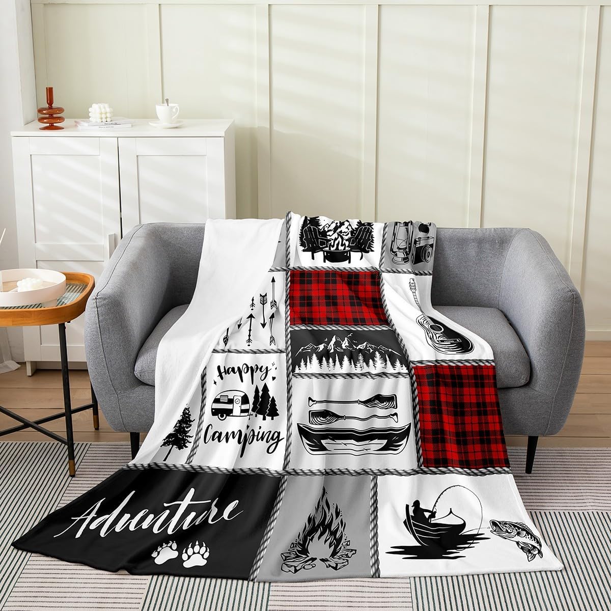 Happy Camping Throw Blanket Wild Trees Natural Mountain Wild Fish Fleece Blanket for Kids Teens Adults Red Black Gray Grid Farmhouse Style Flannel Blanket for Office Chairs Twin 60x80