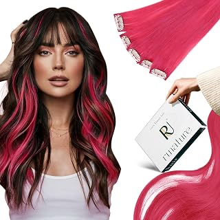 RUNATURE Extensiones de Cabello Colorido, 5 Piezas Extensiones de Pelo Natural Humano #Rosa Clip Extensiones Pelo Natural Humano Coloraido Rosa 25g 18 Pulgadas