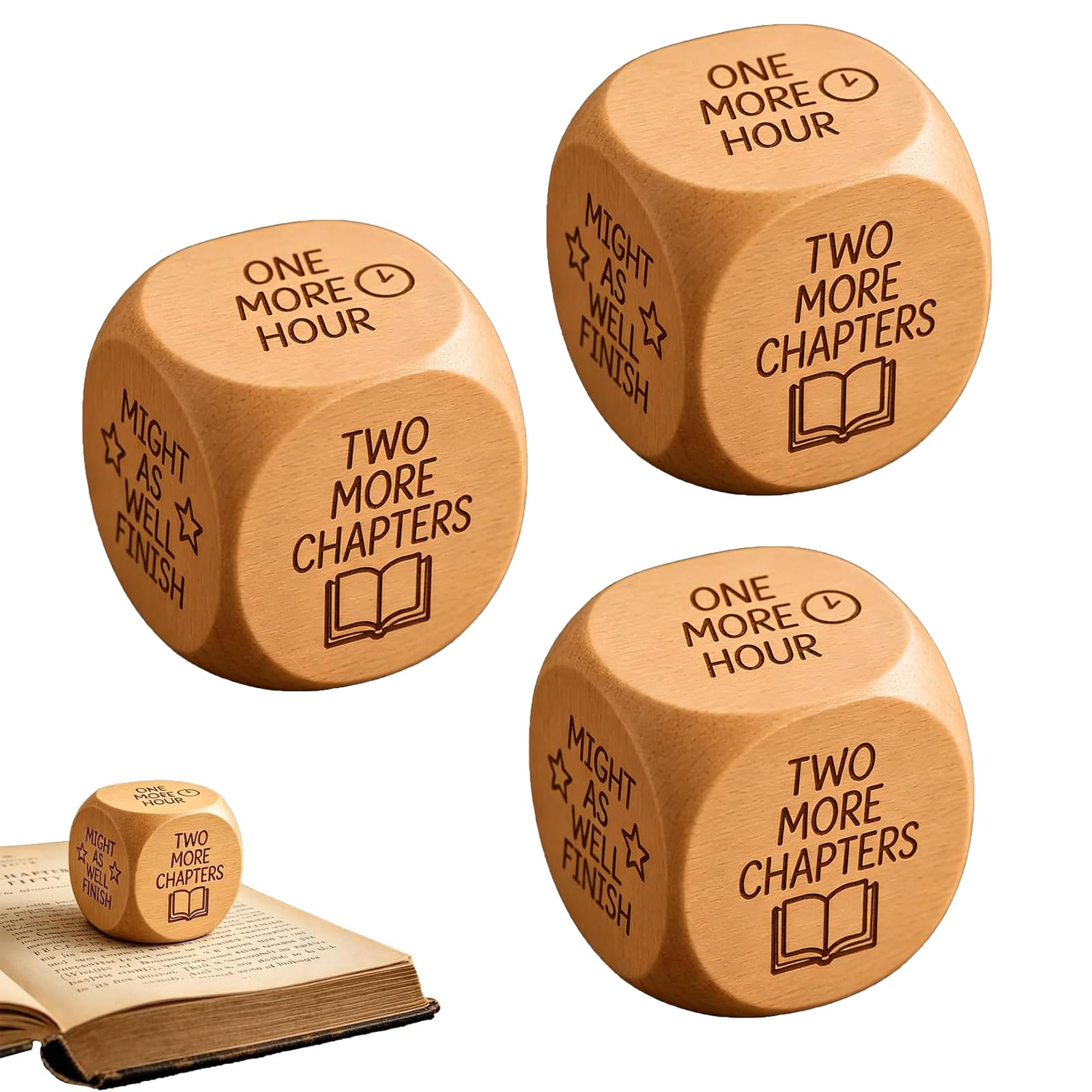 Wooden Reading Decision Dice, Fun Reading Decision Dice, Reading Challenge Dice with 6 Engraved Prompts, Fun Book Club Play, Bookshelf Decor, Funny Gift for Reader & Teachers & Librarians (3PC)