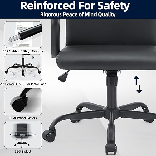 Miniatura 6 de Silla de oficina, silla de escritorio ergonómica ajustable, respaldo medio ejecutiva, cómodo soporte lumbar de cuero, silla de computadora para el