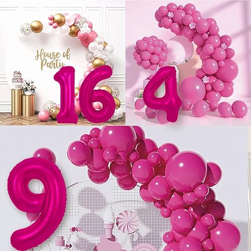 Miniatura 4 de Globo rosa intenso del número 9 de 40 pulgadas, decoraciones de cumpleaños de 9 años, globos rosados de nueve para decoraciones de cumpleaños de 9