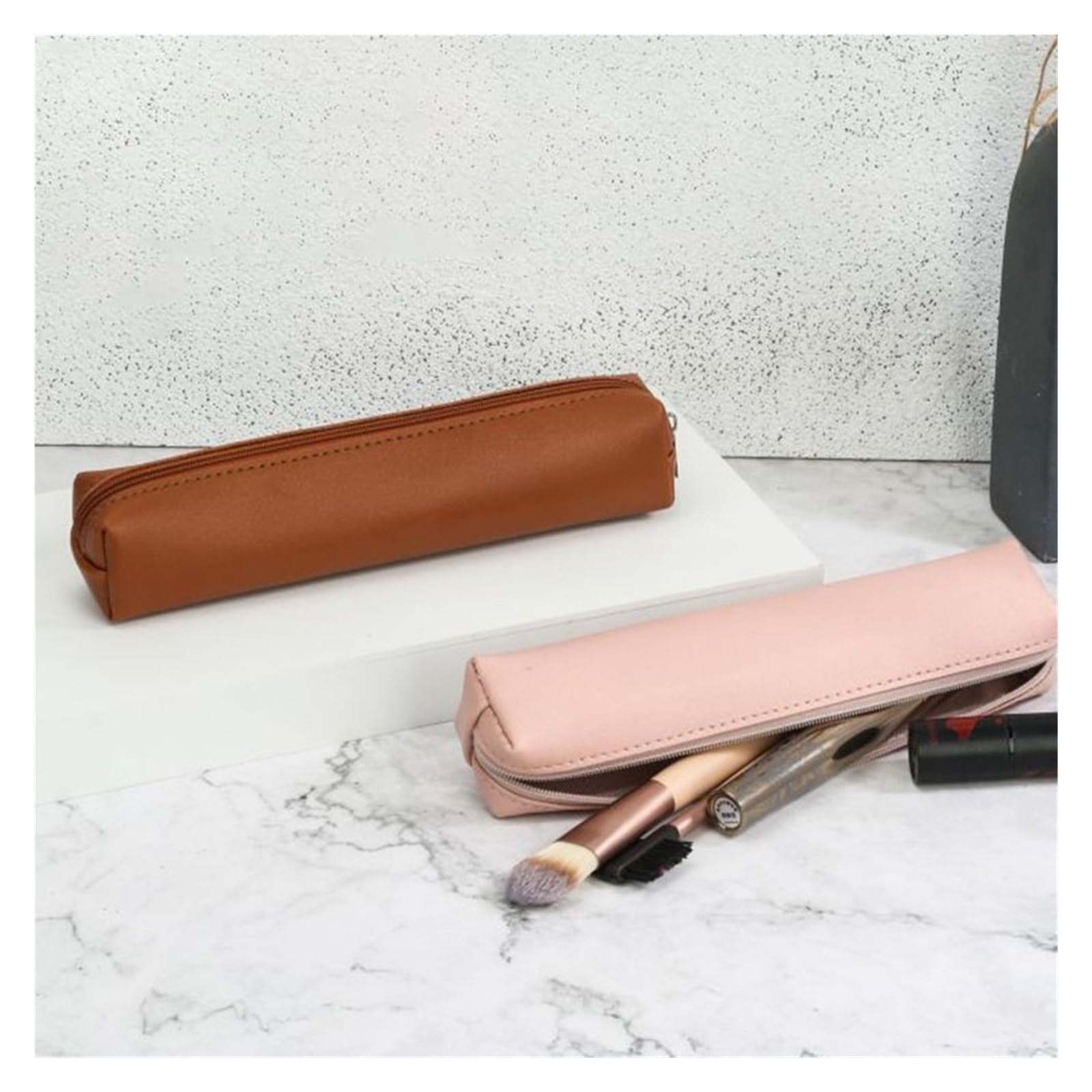 Astuccio for penne in pelle PU for ufficio scolastico | Organizzatore di cancelleria impermeabile, resistente allo sporco, di grande capacità, semplice(Pink)