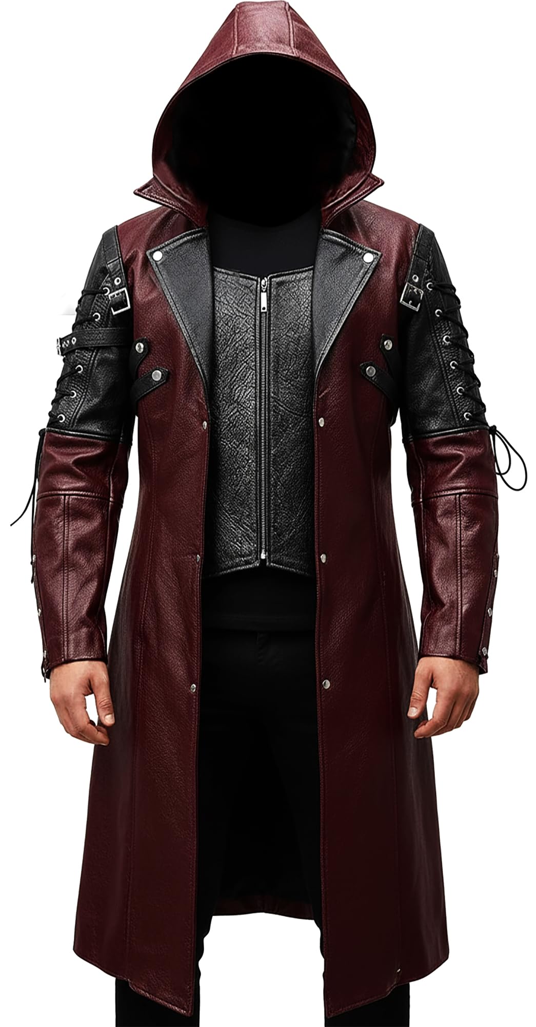 Creonetix Hub Men Goth hood Leather Trench Coat – Steampunk Gothic Van Helsing Costume Long Jacket for Men (Burgundy-X-Small) — image 1