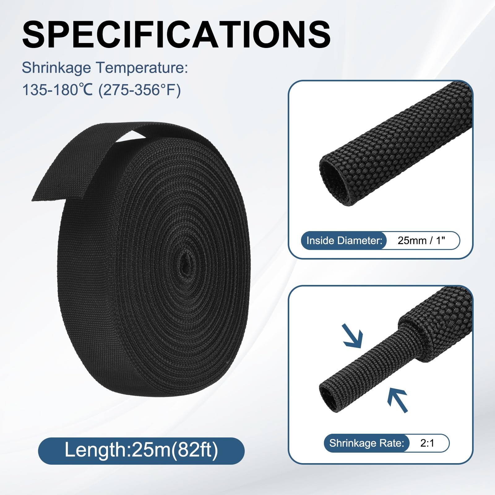 2:1 Schrumpfschlauch, geflochten, 25 mm x 25 m, Schwarz