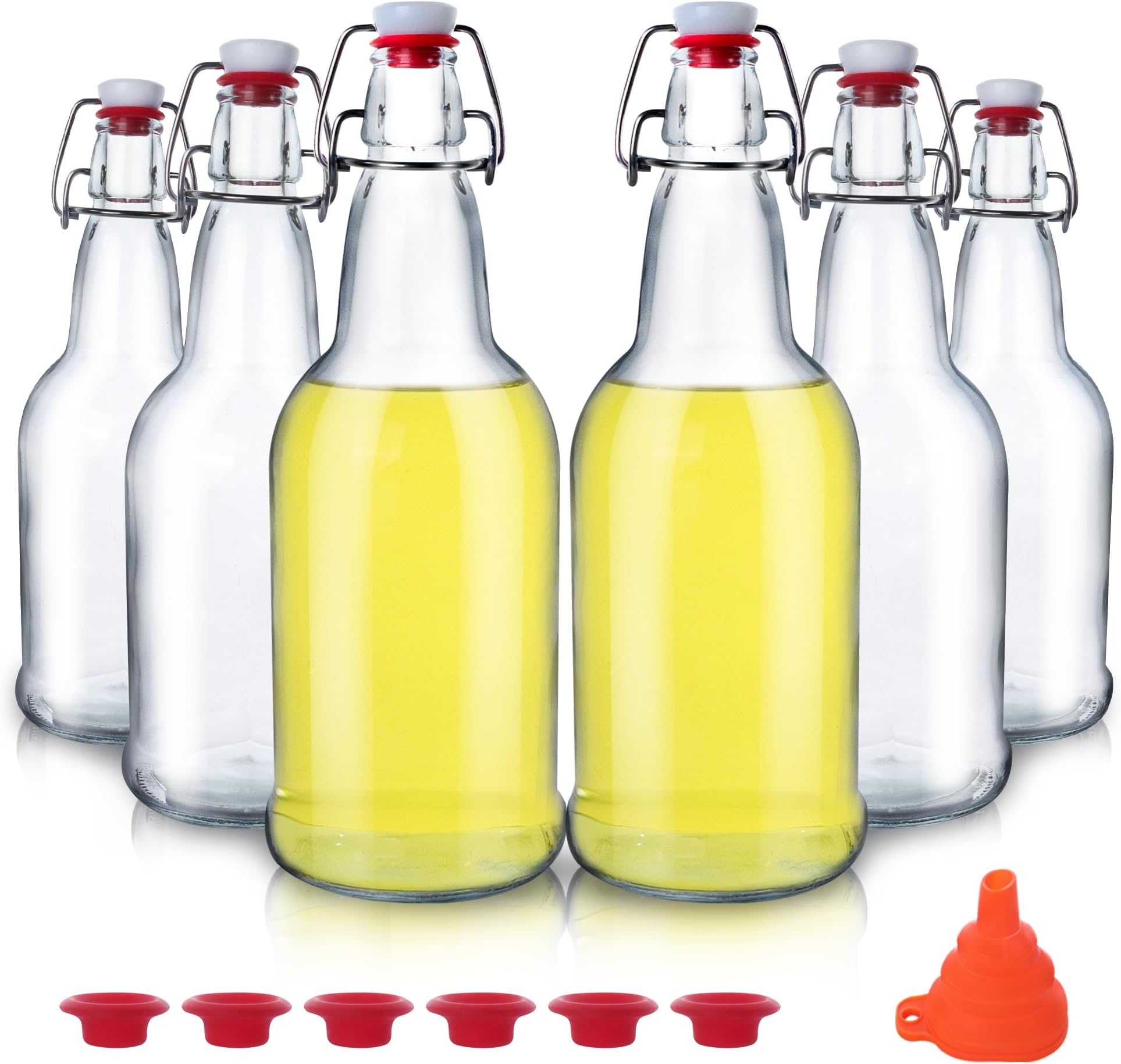 6 Pack 16oz Swing Top Glass Bottles, 500ML Glass Brewing Bottles with Airtight Stoppers for Beer, Kombucha, Kefir, Vanilla Extract(Bonus Gaskets and Funnel)