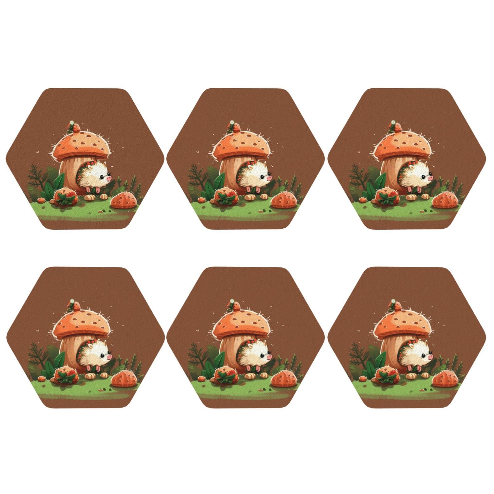 6pcs Leather Coasters for Drinks, Hedgehog and Mushroom Drink Coasters for Tabletop Protection, 4" Cup Coasters for Coffee Table Decor, Non-Slip Drinking Cup Mat for Hot Or Cold Drink