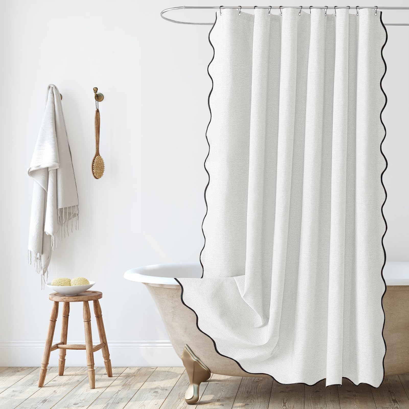 Rideau de douche imperméable texturé en lin lavable avec 12 crochets métalliques élégant motif festonné blanc 180,3 x 200,7 cm (l x L)