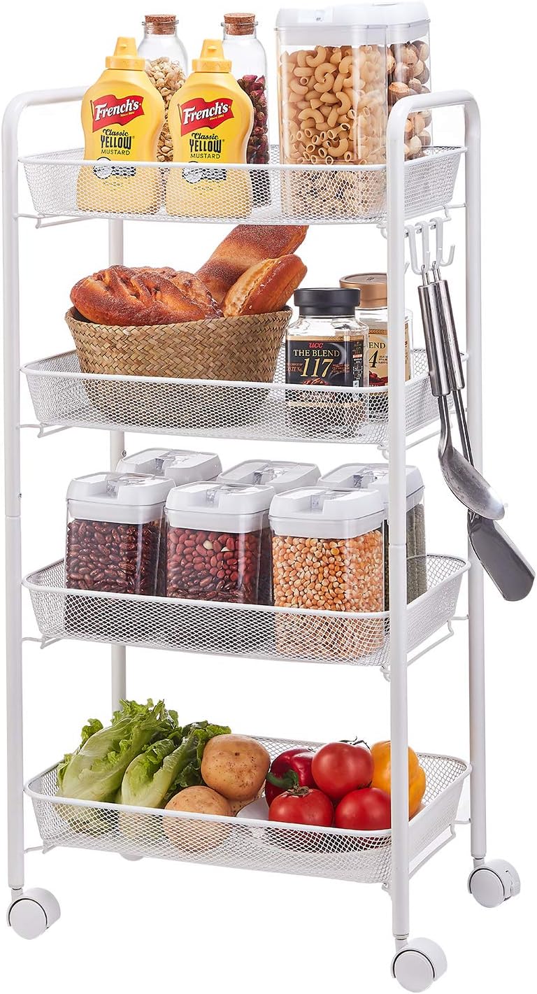 YIUKEA Mesh Rolling Utility Cart 4-Tier Metal Storage Organizer with Steel Wire Baskets and Lockable Caster Wheels,Multifunction Shelving Trolley Cart for Kitchen Bathroom