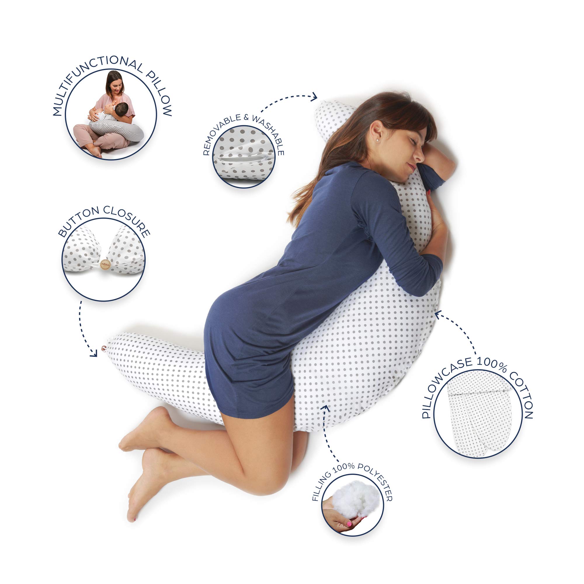 Niimo Cuscino Gravidanza XXL - Cuscino Allattamento Vincitore Del Doppio Platino Nel 2022 - Cuscino Gravidanza per Dormire con Federa 100% Cotone (Pois Bianco e Grigio)