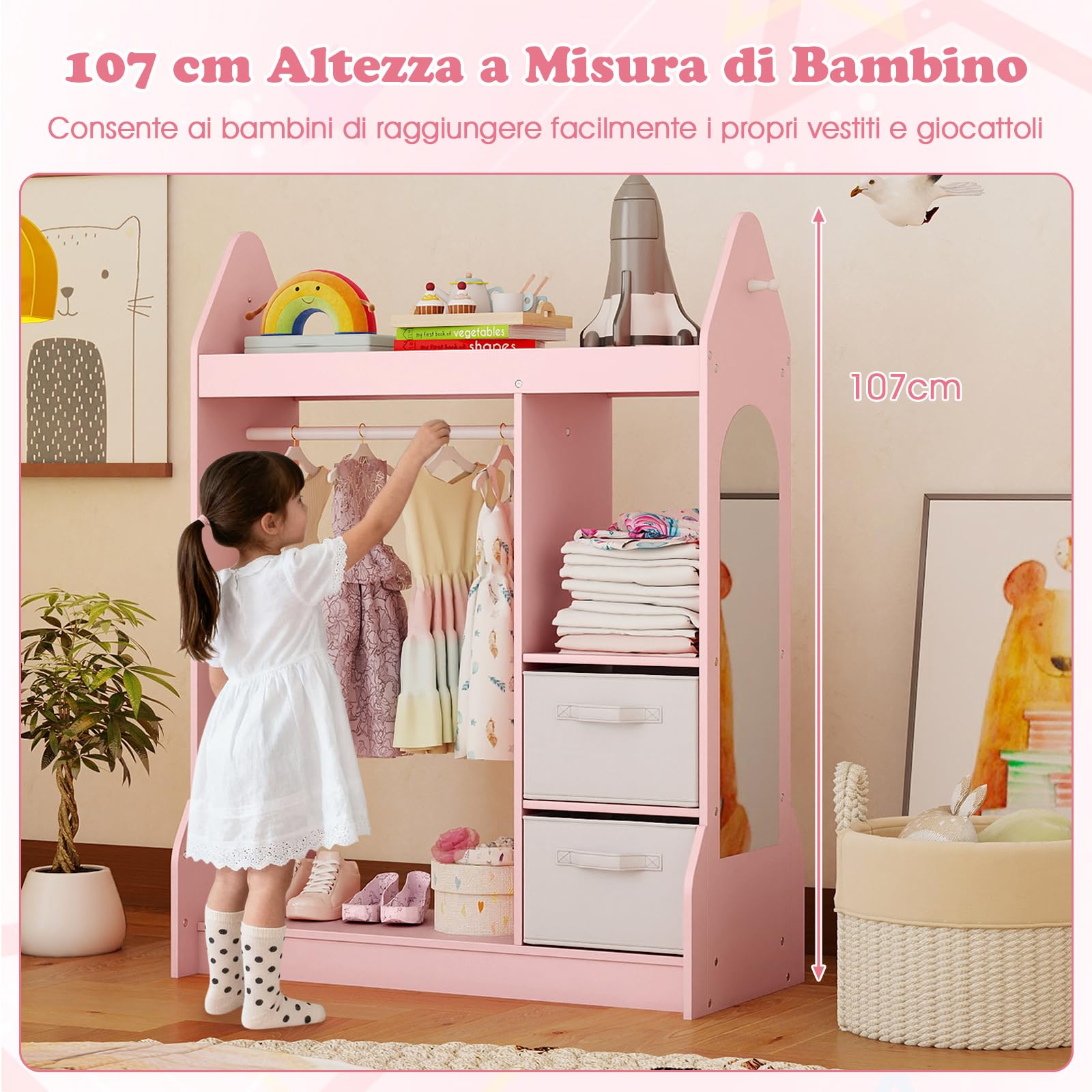 COSTWAY Guardaroba per Bambini, Armadio Gioco con Specchio Appendiabiti, Cassette in Tessuto Pieghevoli, Organizer per Stanza e Camera da Letto, 81 x 38 x 107 cm (Rosa)