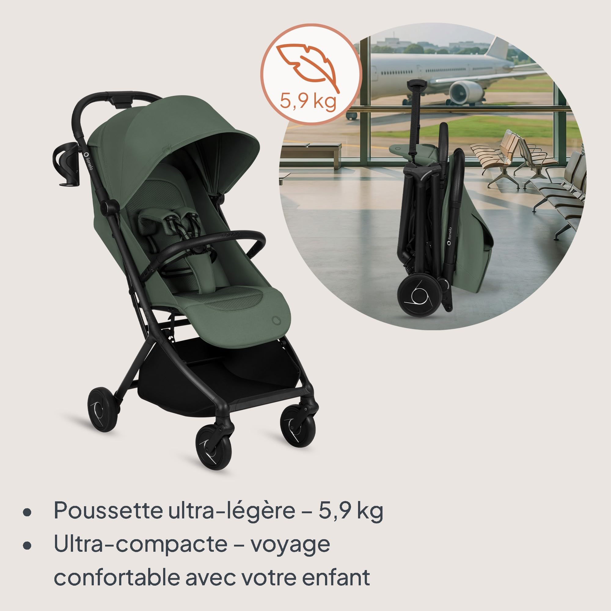 Lionelo Sia Poussette Compacte jusqu’à 22 kg Se Plie et Tient Debout, Léger 5,9 kg, Position Allongée Capote XXL UPF50+ Imperméable, Boucle Magnétique Grand Panier 3 kg (VERT ÉMERAUDE)