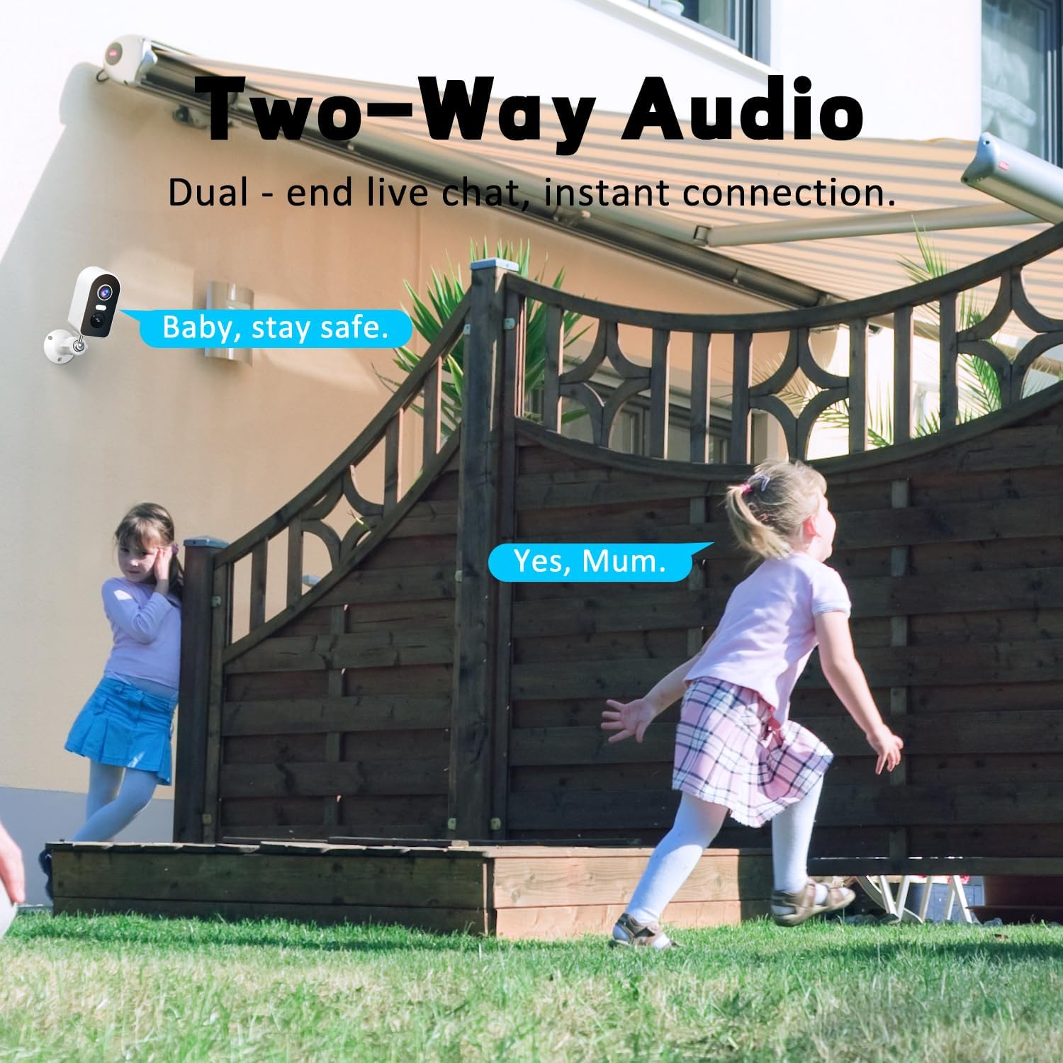 Two children playing outdoors, with speech bubbles indicating two-way audio communication