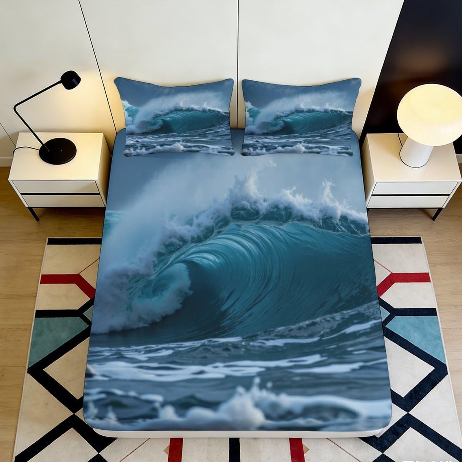 3D Printed Ocean Wave Fitted Sheet Microfiber Blue Sea Mattress Cover Anti-Slip Easy Care Bedroom Decor for Home Dorm 140x200x25cm