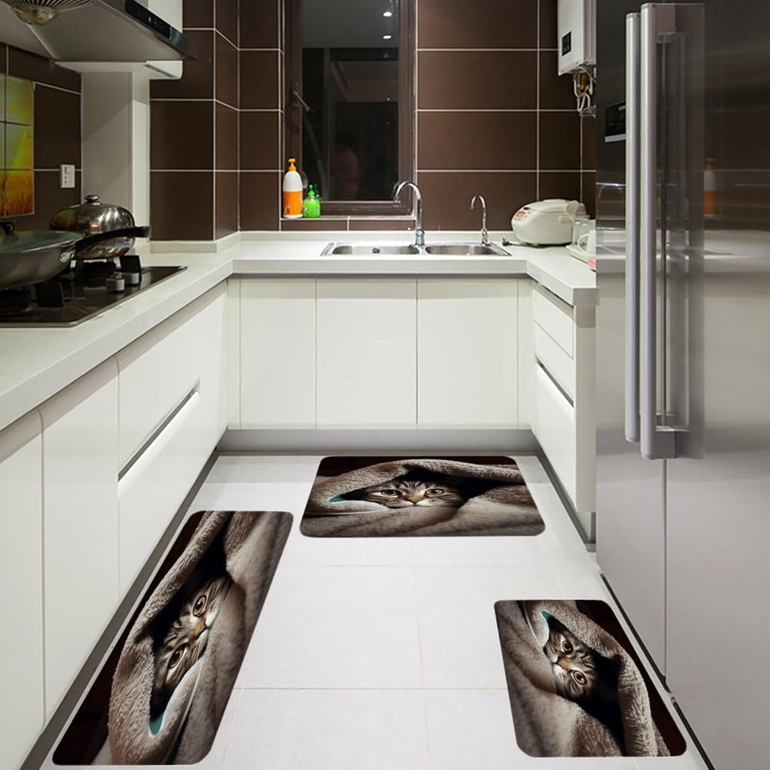 Cat Under Blanket Kitchen Rugs Set of 3 Non Slip Washable Kitchen Mats for Floor Soft Area Rug Kitchen Floor Mat Cushioned Anti Fatigue Mats Standing Sink Mat Decor Runner Rugs