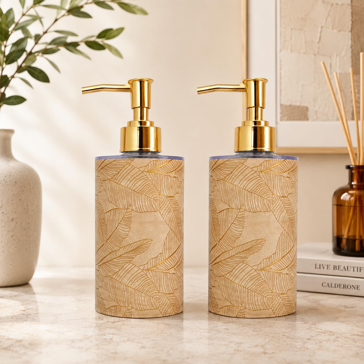 LAGET® 300ml Soap Dispenser for Wash Basin - Gold Leaf Print | Kitchen and Bathroom Accessories Items | Refillable Handwash Dispenser Bottles- Set of 2 with Premium Gold Top (Light Brown)-image-27