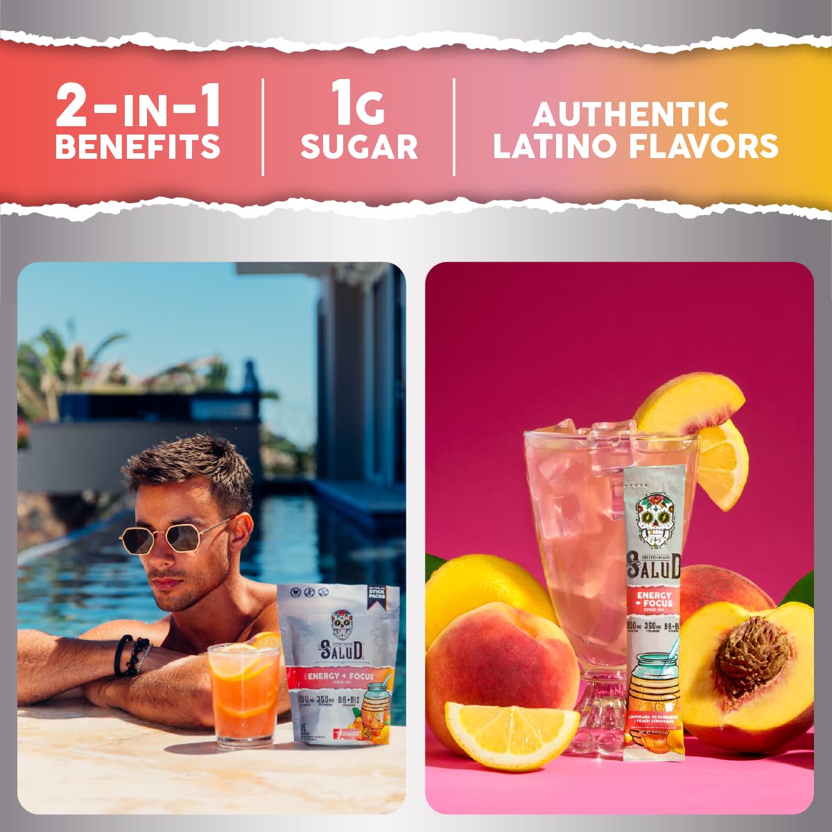 Salud 2-Pack |2-in-1 Energy + Focus (Peach Lemonade) & Hydration + Immunity (Cucumber Lime) – 15 Servings Each, Agua Fresca Drink Mix, Non-GMO, Gluten Free, Vegan, Low Calorie, 1g of Sugar image 3