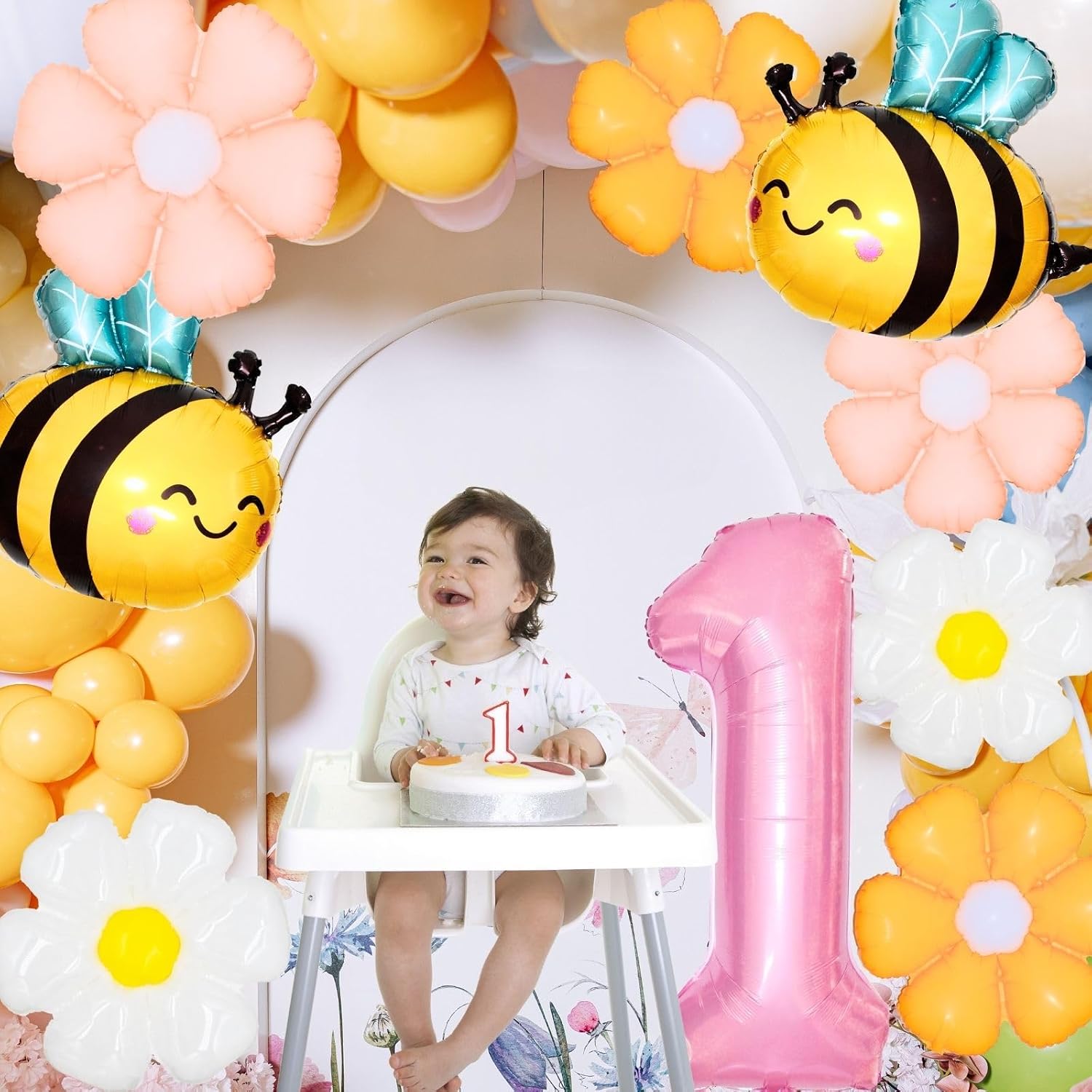 1st Birthday Decorations for Baby Girl, Pink Daisy Flower & Honey Bee Balloon Arch Kit, 40 Inch Number 1 Foil Balloon, Pastel First Birthday Party Supplies for One Year Old Girl image 4
