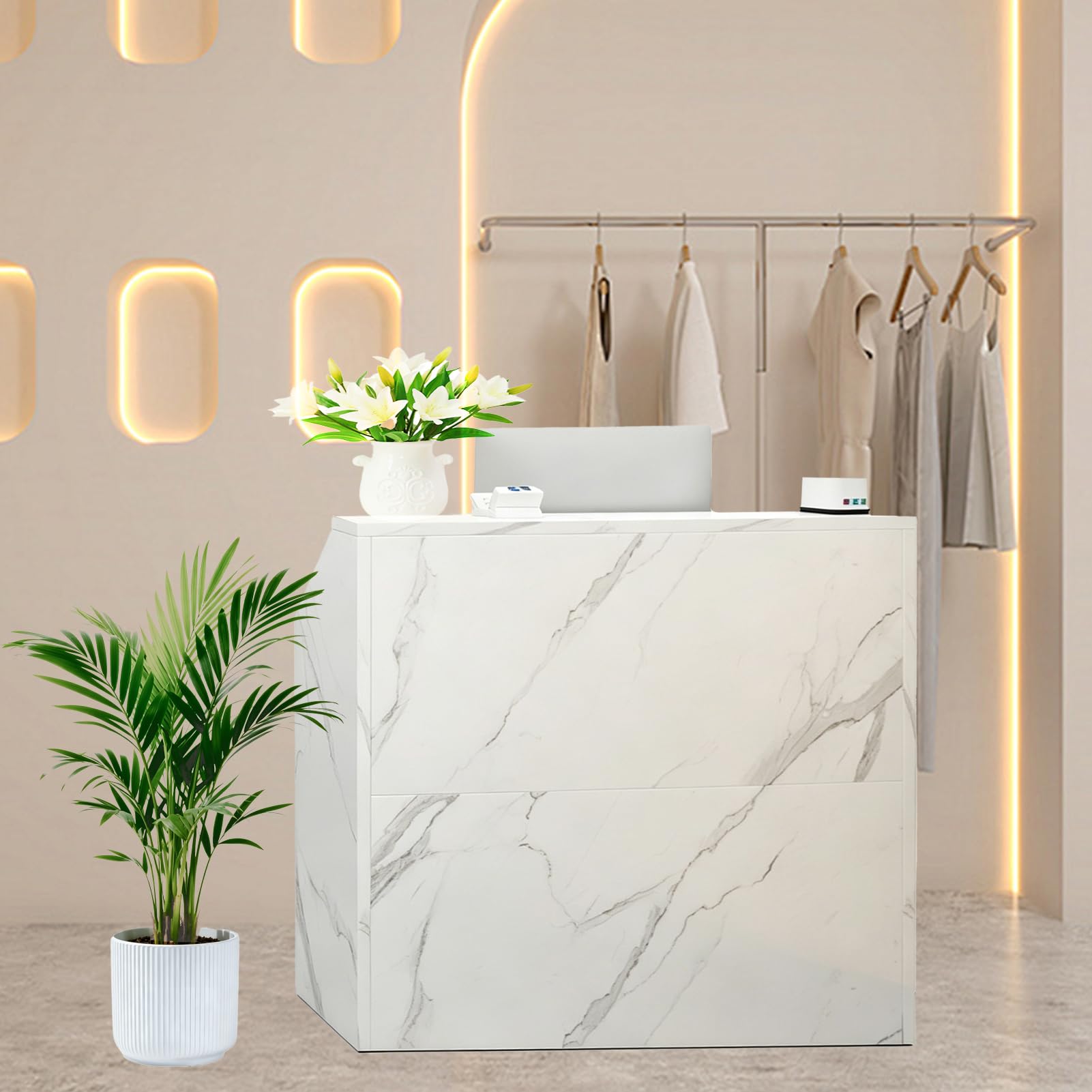 CXFSCD Small Modern Reception Desk, Freestanding Cashier Checkout Counter, Minimalist Front Desk for Salon, Clothing Store, Retail Shop, Spa & Home Office, White/Marble Options marble 100CM