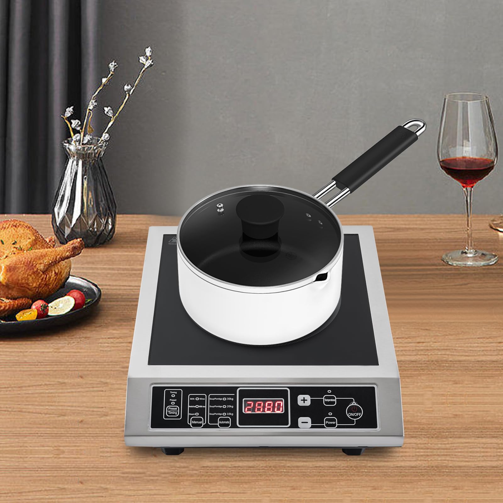 Piano cottura a induzione professionale da 3500 W con 8 livelli di regolazione della temperatura e della potenza, fornello a induzione per cucina, camper, campeggio, ristorante ed esterno