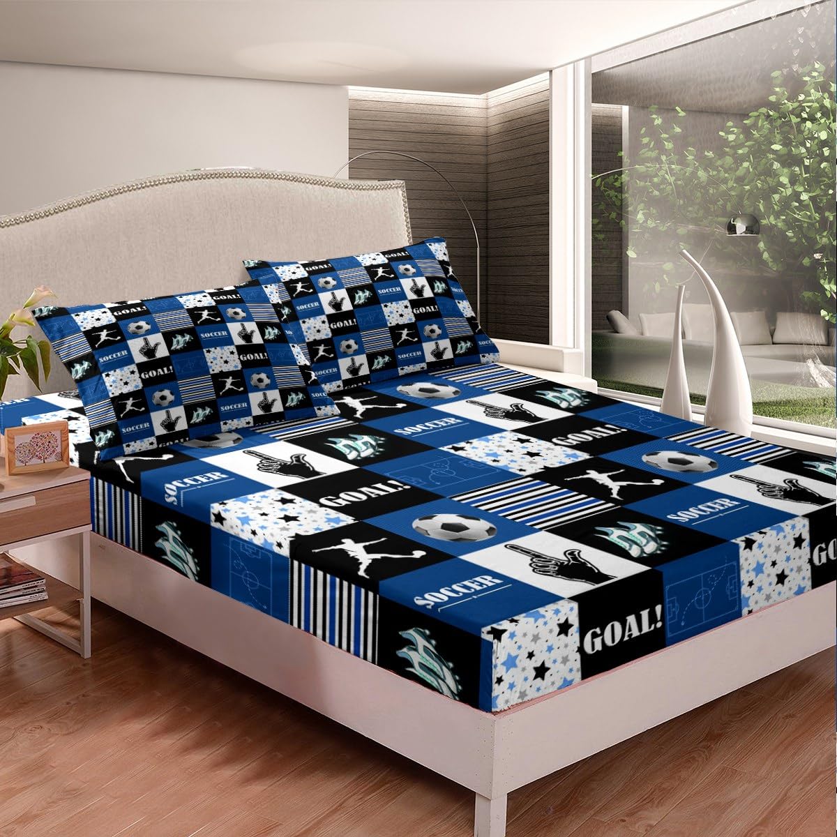 Soccer Full Size Fitted Sheet,Fashion Football Game Sports Lovers 3 Pieces Kids Teenager Room Decor Chic Navy Black Stars Stripes Plaids Patchwork Pocket 2 Pillowcases