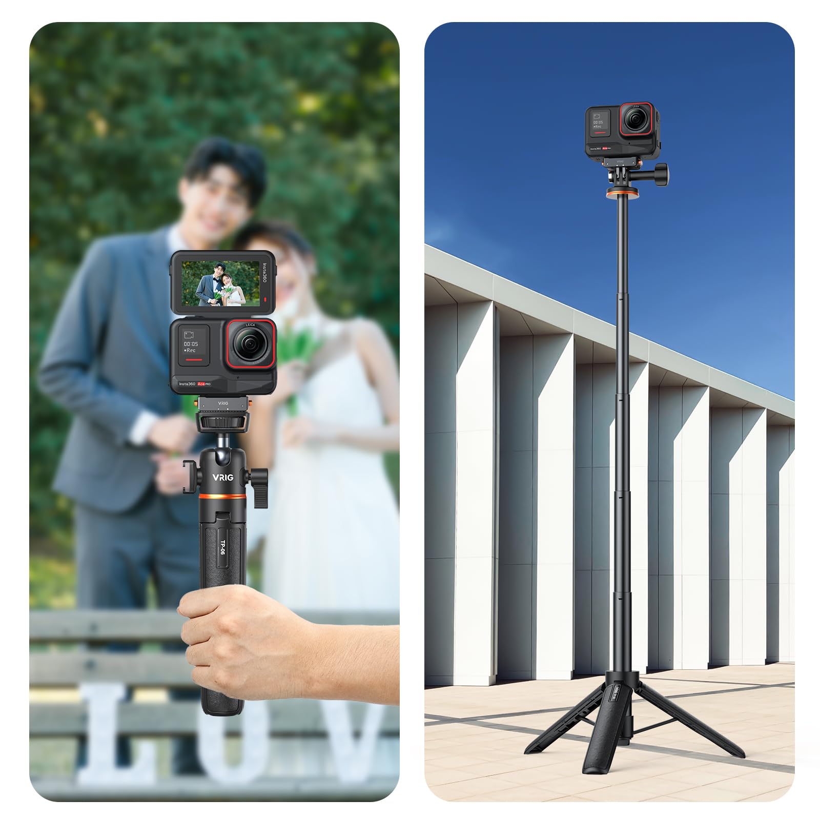 VRIG AC-10 - Base magnetica per Insta 360 Ace/Ace Pro 2/X5, adattatore magnetico a sgancio rapido, supporto per treppiede in metallo, con filo da 1/4" e supporto pieghevole