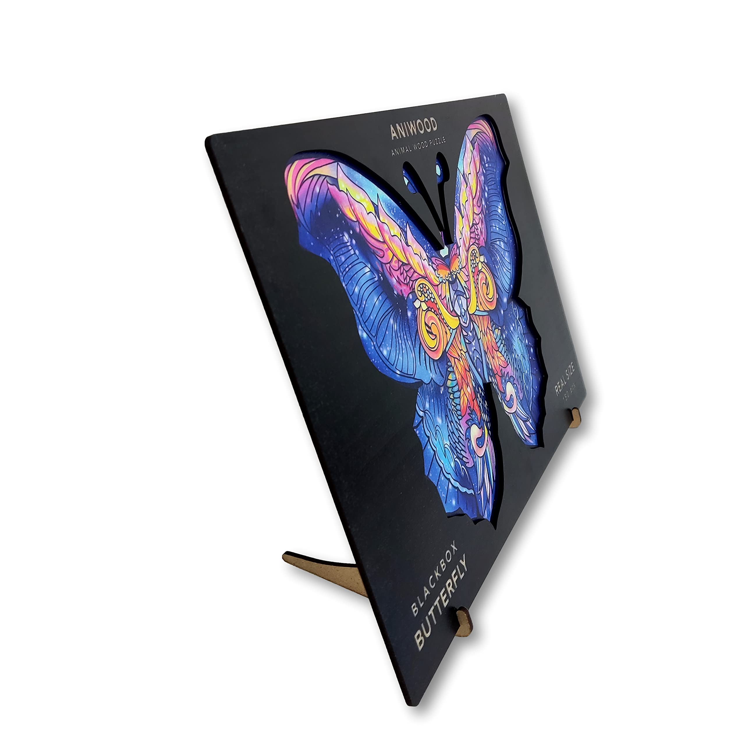 ANIWOOD Puzzle de Madera de Animales. Tapa troquelada, Caja a tamaño Real del Puzzle. 3 modos de dificultad, elemento decorativo. Piezas únicas originales de Animales (Large, Mariposa)
