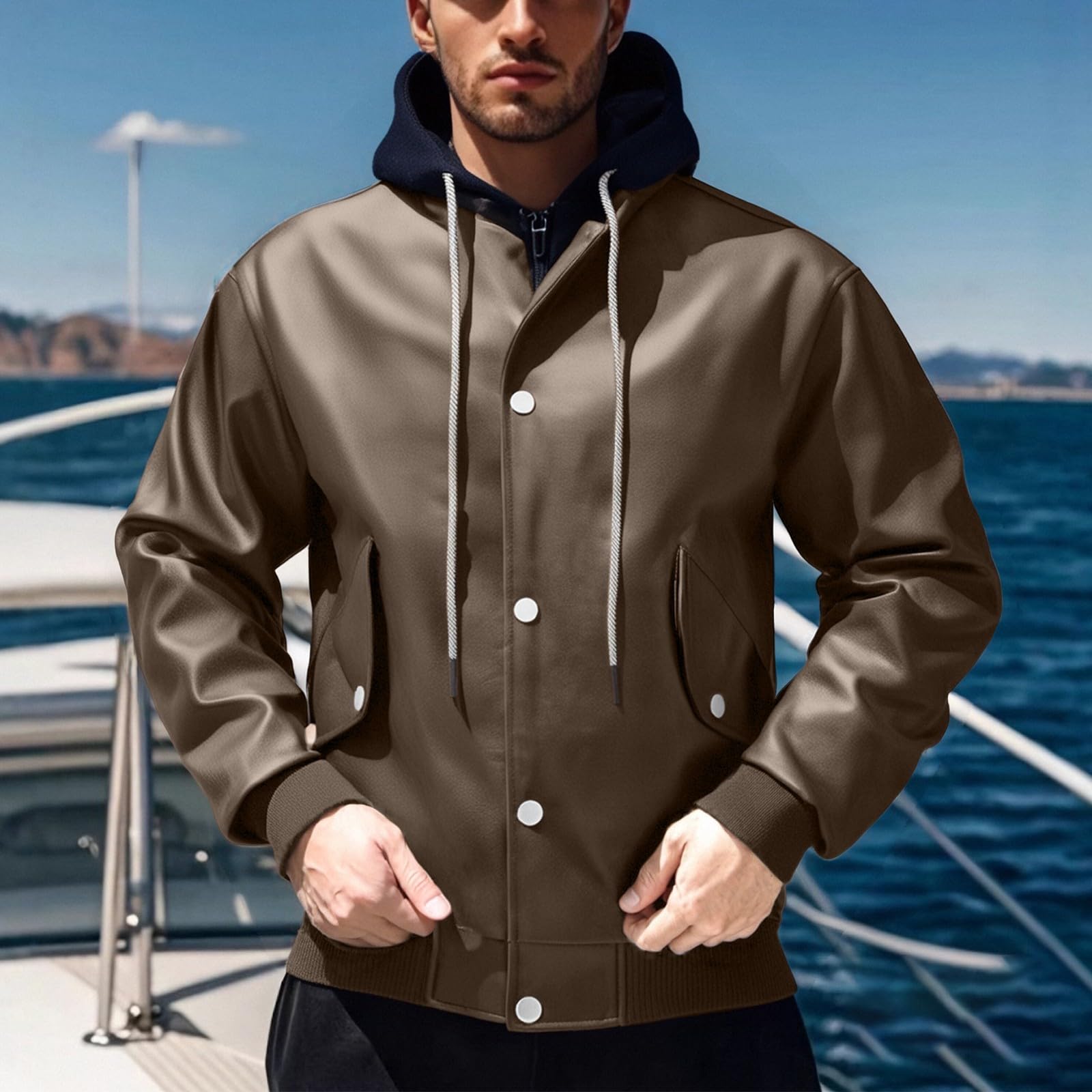 Giacca in pelle da uomo, vintage, in due pezzi, in similpelle, da uomo, con cappuccio, stile streetwear, da uomo, per attività all'aria aperta, con cappuccio