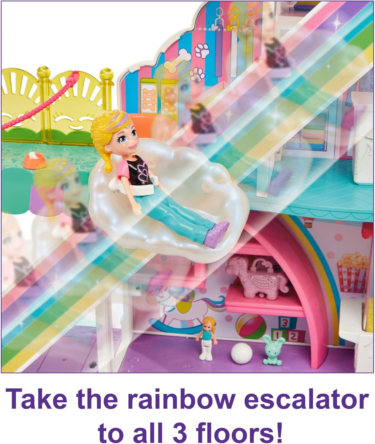 Polly Pocket Sweet Adventures Rainbow Mall, 3 Floors, 9 Play Areas, 35+ Accessories Including 3-inch Polly Doll, Great Gift Ages 4 Years Old & Up