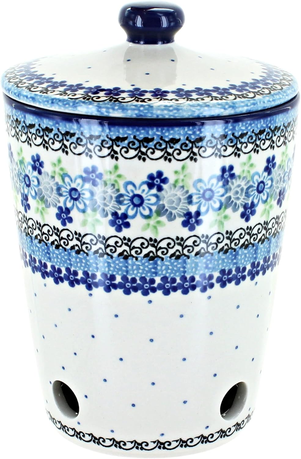 Blue Rose Polish Pottery - Blue Alyce Garlic Keeper - 6" Tall - Ceramic Storage Jar with Vent Holes