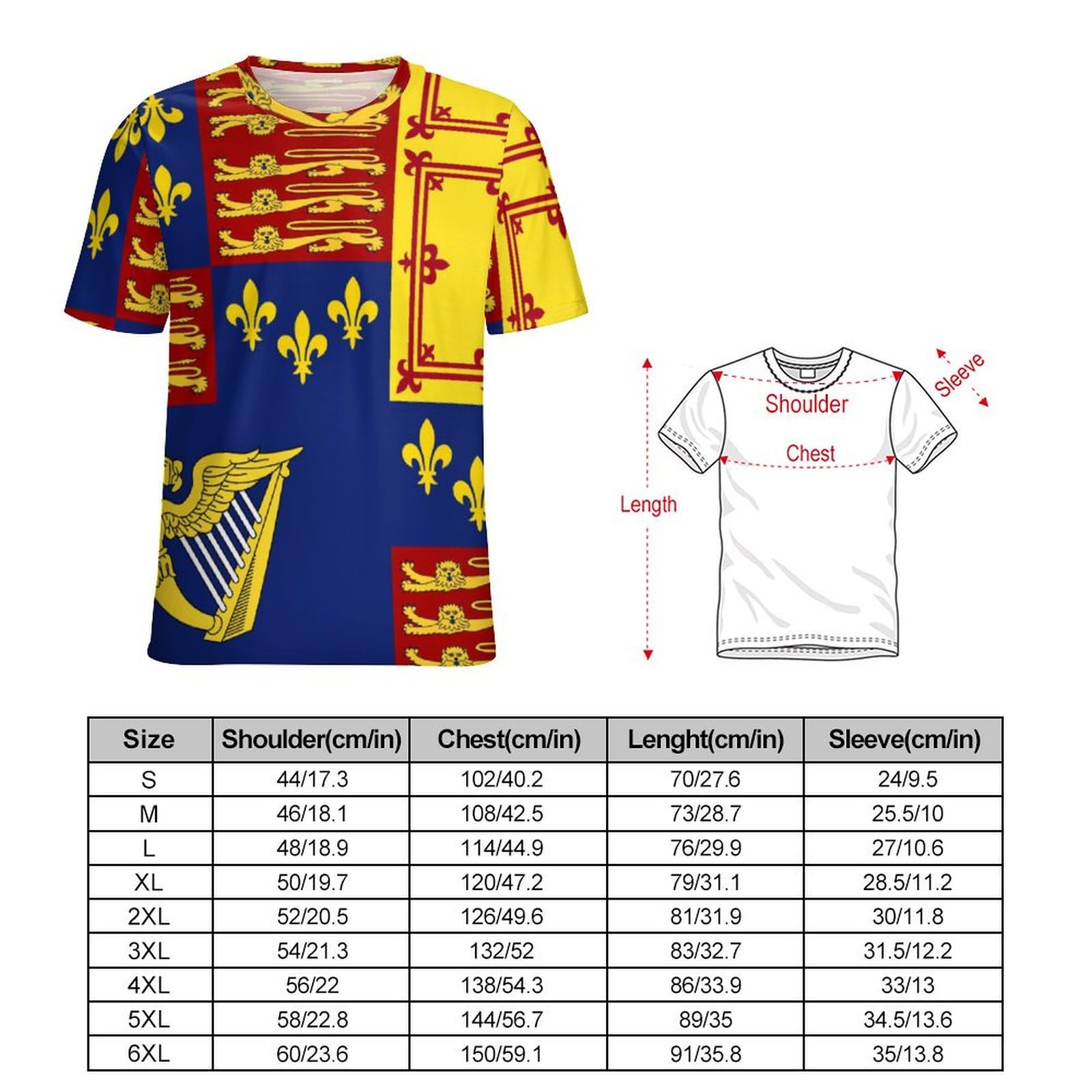 Royal Standard of England (1603-1649) Unisex Adult T-Shirts Summer Short Sleeve Tee Casual Tops Funny Graphic M