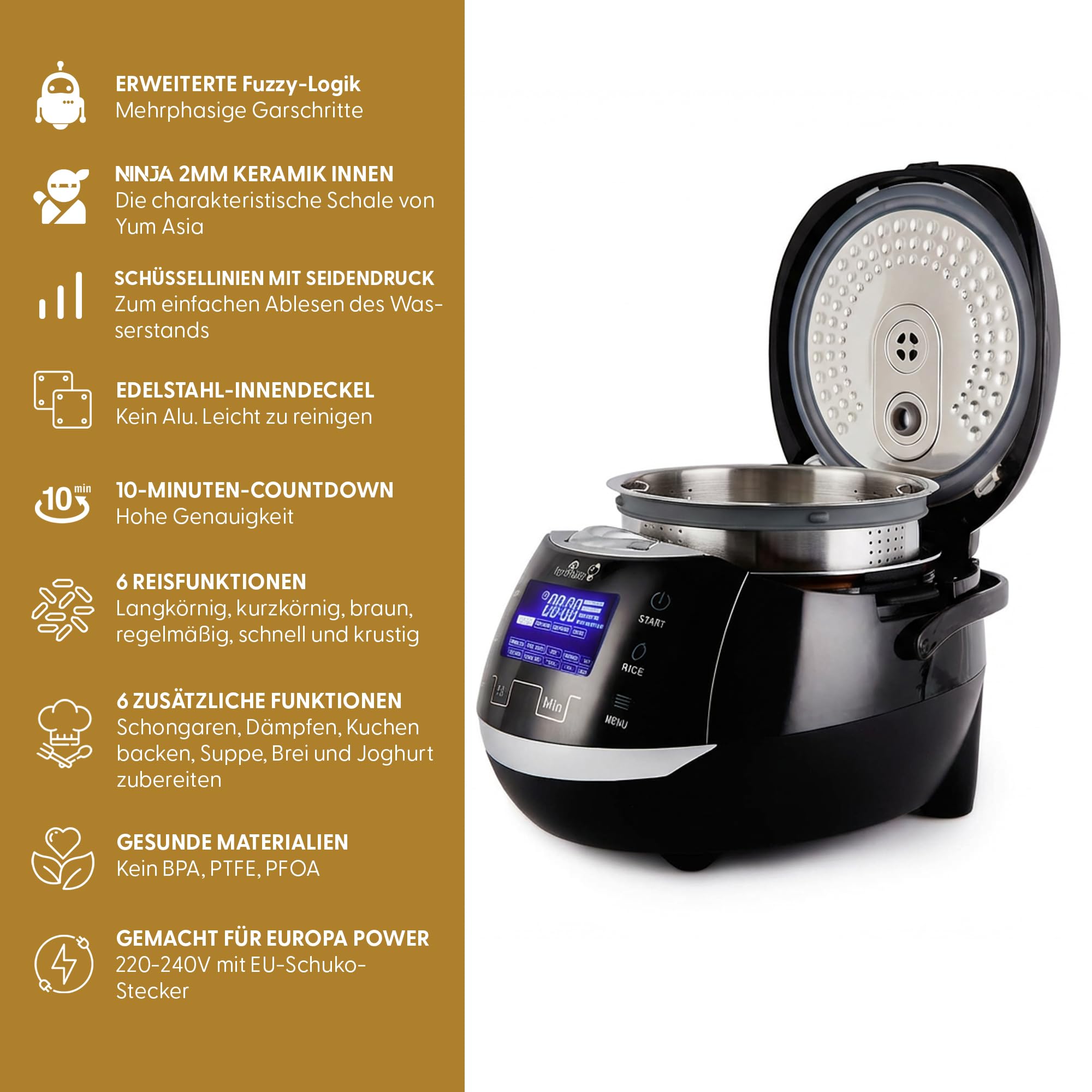 Yum Asia Sakura Reiskocher mit Keramikschale und Advanced Fuzzy Logic (8 Tassen, 1,5 Liter), 6 Reiskochfunktionen, 6 Multikocherfunktionen, Motouch LED-Display, 220-240V EU (schwarz und silber)
