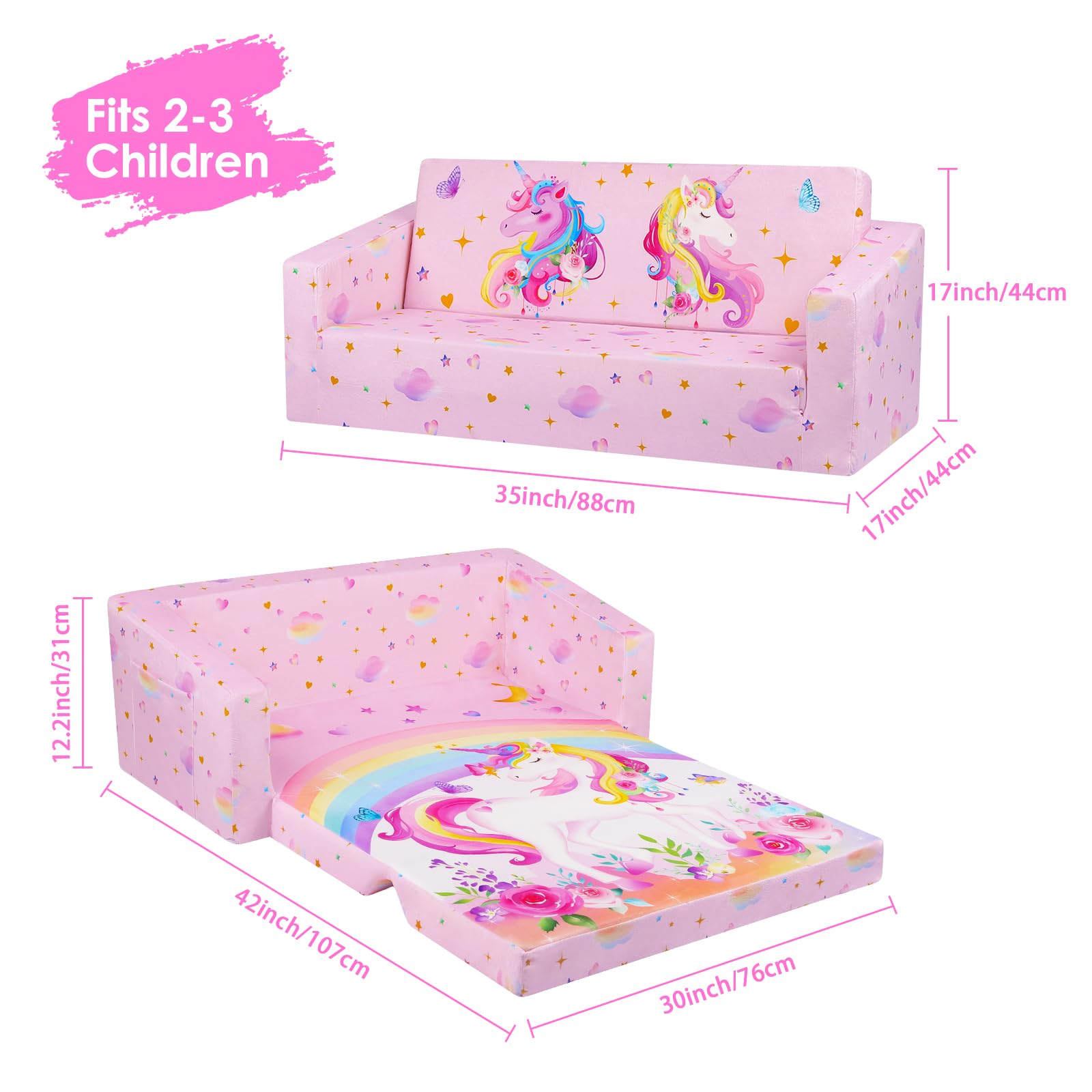 decalsweet Kindersofa Ausziehbar Klappsofa 2 in 1 Extra Große, Kindercouch mit Stofftasche und rutschfeste Matte für Mädchen Jungen, Kindersessel Spielsofa Wohnzimmer Kinderzimmer, Regenbogen Einhorn