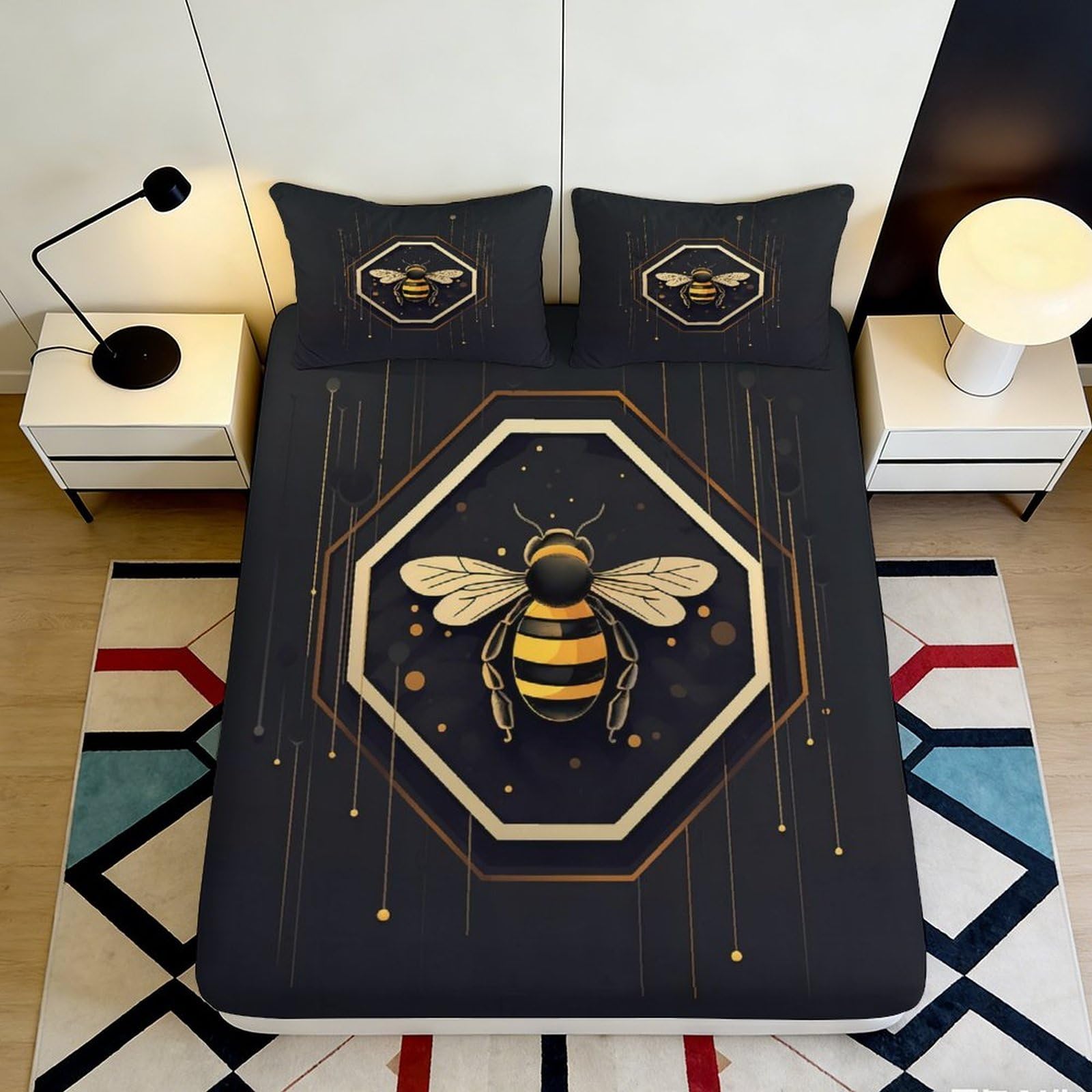 3D Printed Honey Bee Fitted Sheet Microfiber Black Gold Geometric Bed Cover Bedroom Guest Room Mattress Protection Decor 200x200x25cm