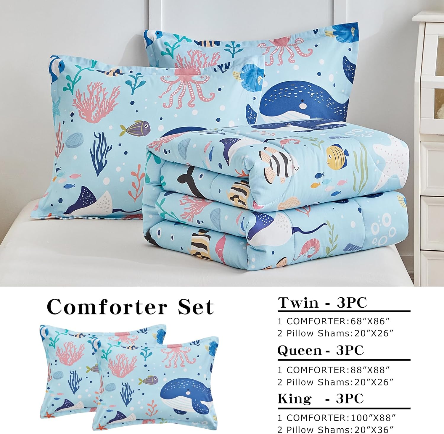 Joyreap 3pcs Cotton Twin Size Comforter Set for Kids, World of The Sea Theme Blue Design, Soft n Cozy Bedding Comforter for All Season- 68x88 inches