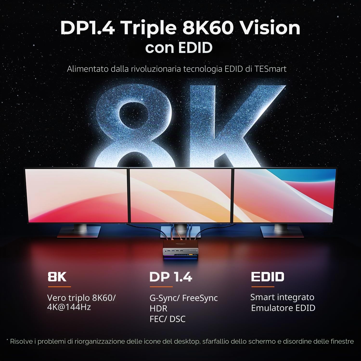 TESmart KVM Switch DisplayPort 8K 60Hz 2 PC 3 Monitor, Docking Station KVM USB 3.0 per Desktop e Laptop, Monitor Triplo DP 1.4, 4K 144Hz, Emulatore EDID, Rete Gigabit, HDR10, Cavi Inclusi