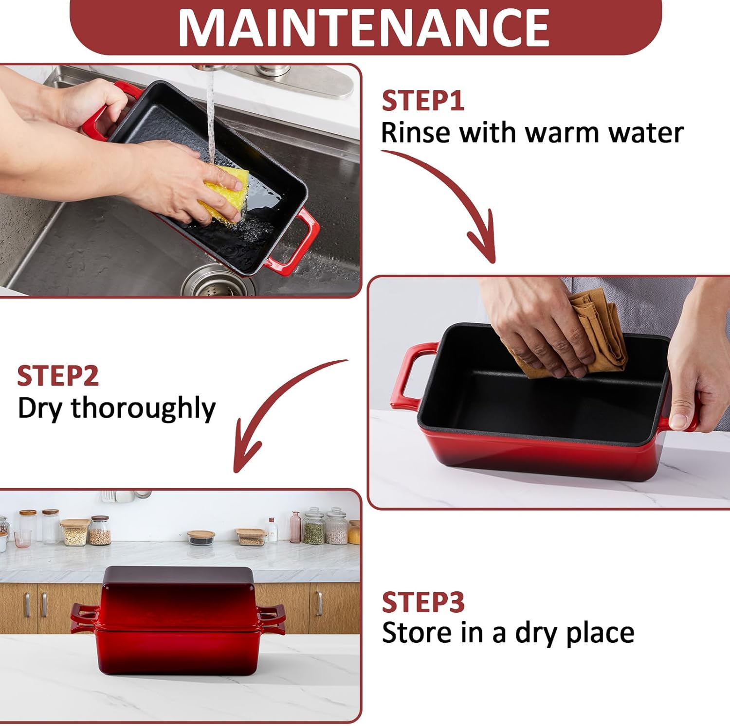Leonyo 2 Pack Cast Iron Loaf Pan with Lid, 9x5 inch Enameled Sourdough Bread Loaf Pan, 2-in-1 Dutch Oven for Homemade Bread Baking, Pound Cake, Oven Safe & Up to 500℉, Red