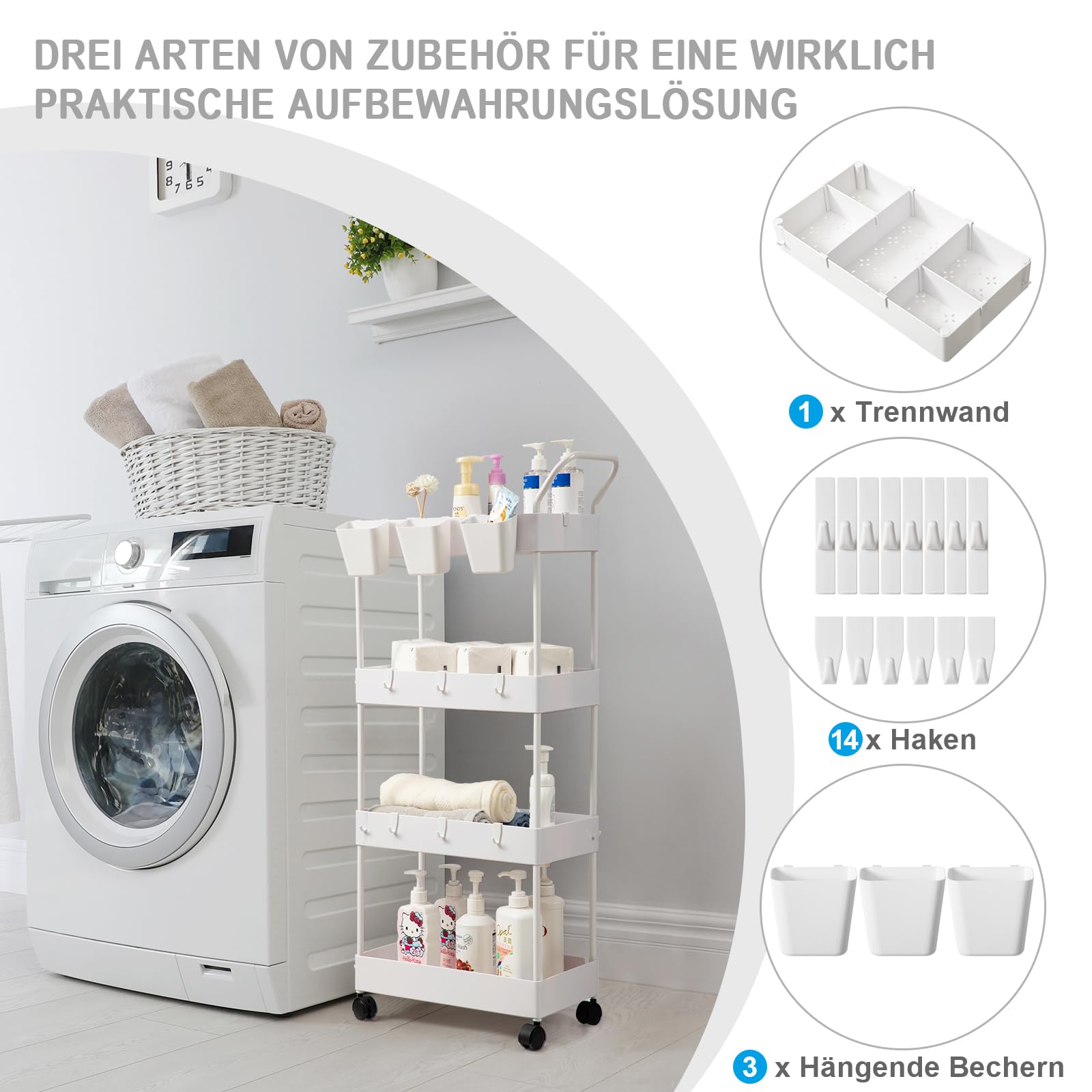 danpinera Chariot de service étroit pour enfants, chariot de service avec 4 niveaux, chariot de cuisine avec séparateurs, crochets et tasses suspendues, chariot de niche pour chambre d'enfant, cuisine