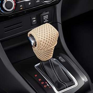 Car Gear Shift Knob Cover, Breathable Car Gear Shifting Knob Cover Protector, Anti-Slip Shifter Cover Universal for Most Cars SUVs Trucks, Vehicle Interior Decor Accessories Beige