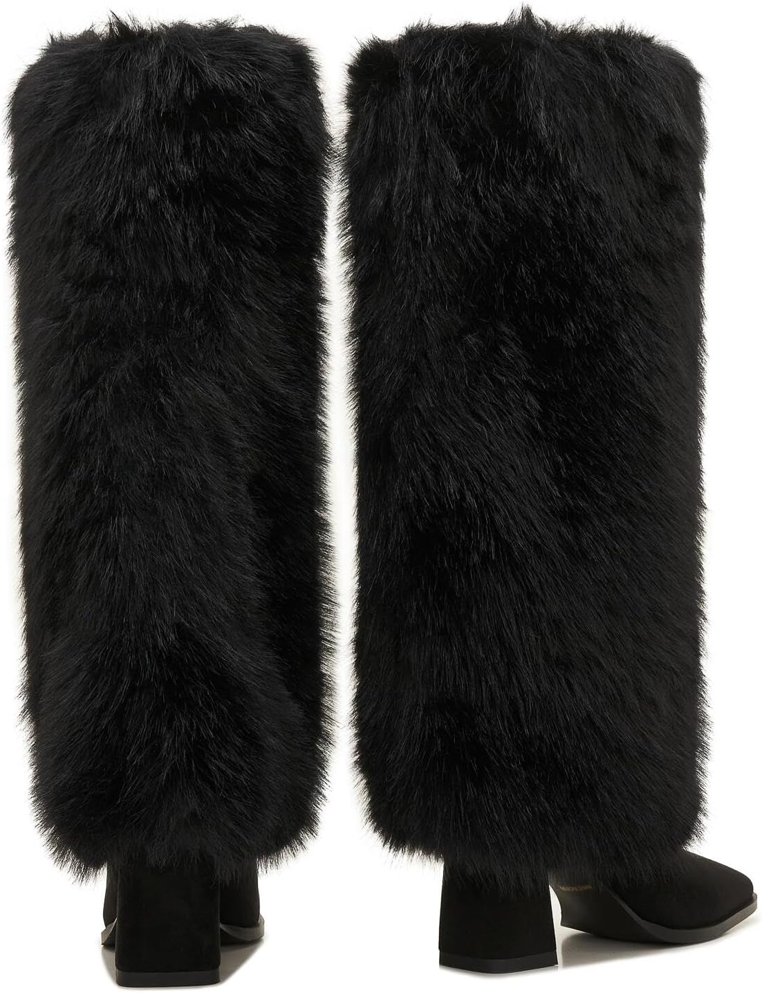 Knee High Fur Boots for Women – Fluffy Faux Fur Winter Boots with Chunky Heel, Warm Suede Snow Boot