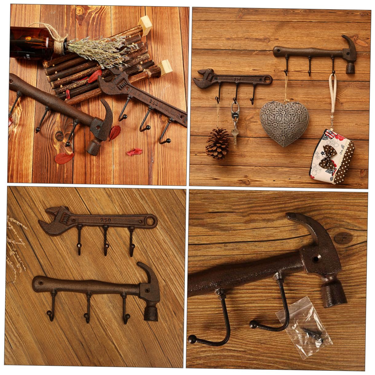 Gancio a Parete in Ferro Stile Industriale Americano, Set da 2 Ganci Appendiabiti a Forma di Martello e Chiave Inglese, Portaoggetti Decorativo per Soggiorno Cucina Bagno Ufficio