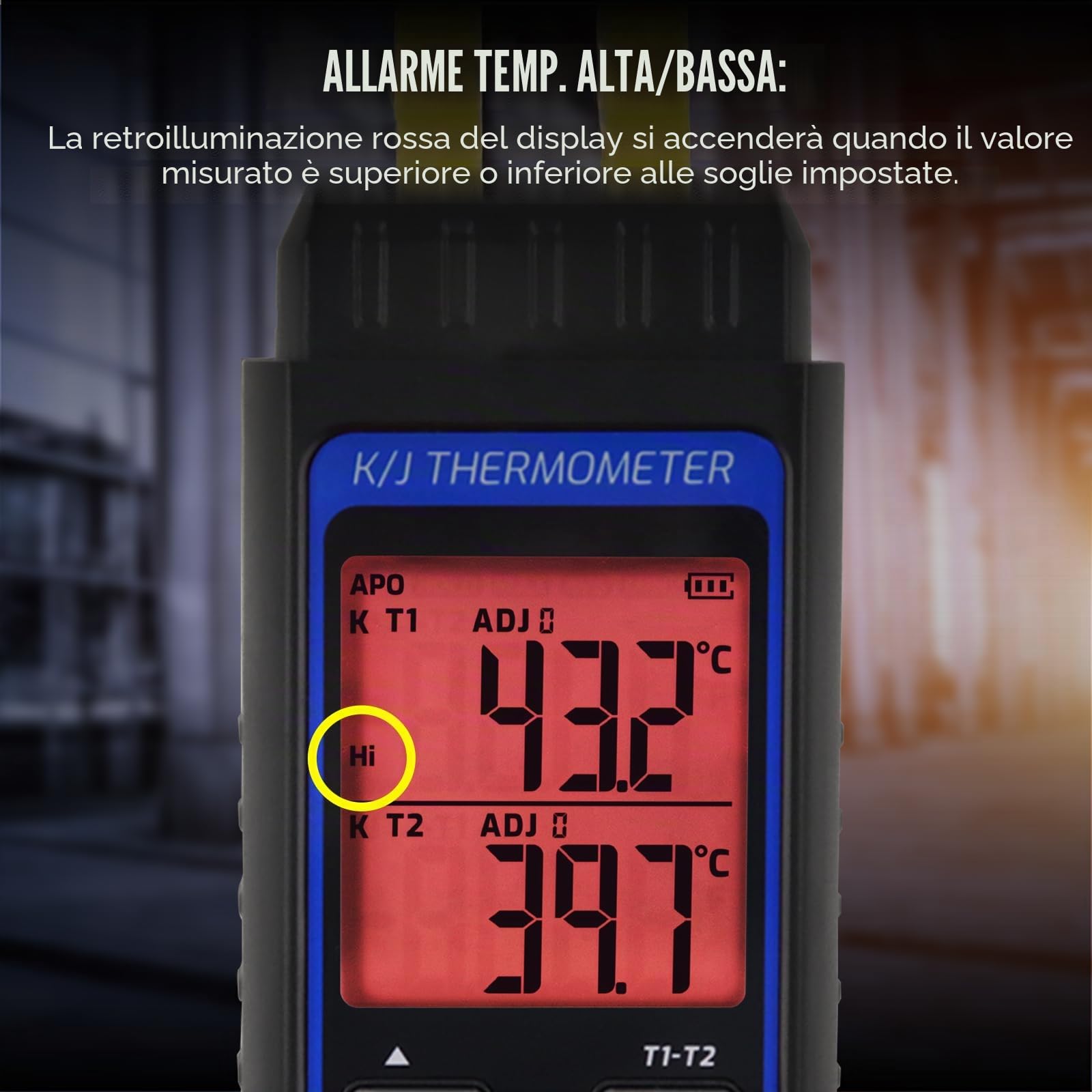 Termometro digitale a termocoppia a doppio canale tipo K/J con sonde termocoppia tipo 2 K e 2 morsetti per temperatura, gamma -328 ~ 2000 ° F misuratore di temperatura HVAC industriale con allarme e