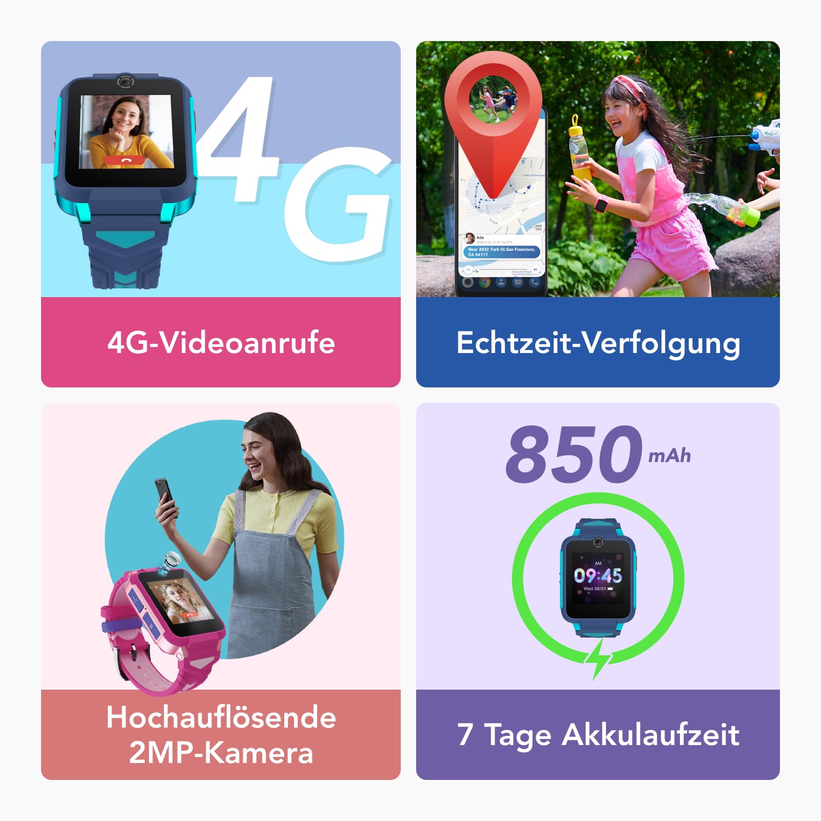 TCL 4G Video-Call-Smartwatch, GPS-Tracking, 2MP Kamera, Bis zu 7 Tage Akku, 1,54" Display, Aktivitäts-Tracking, Kinder-UI, SOS-Taste, Wechselband, Ohne SIM, Speed-Blau