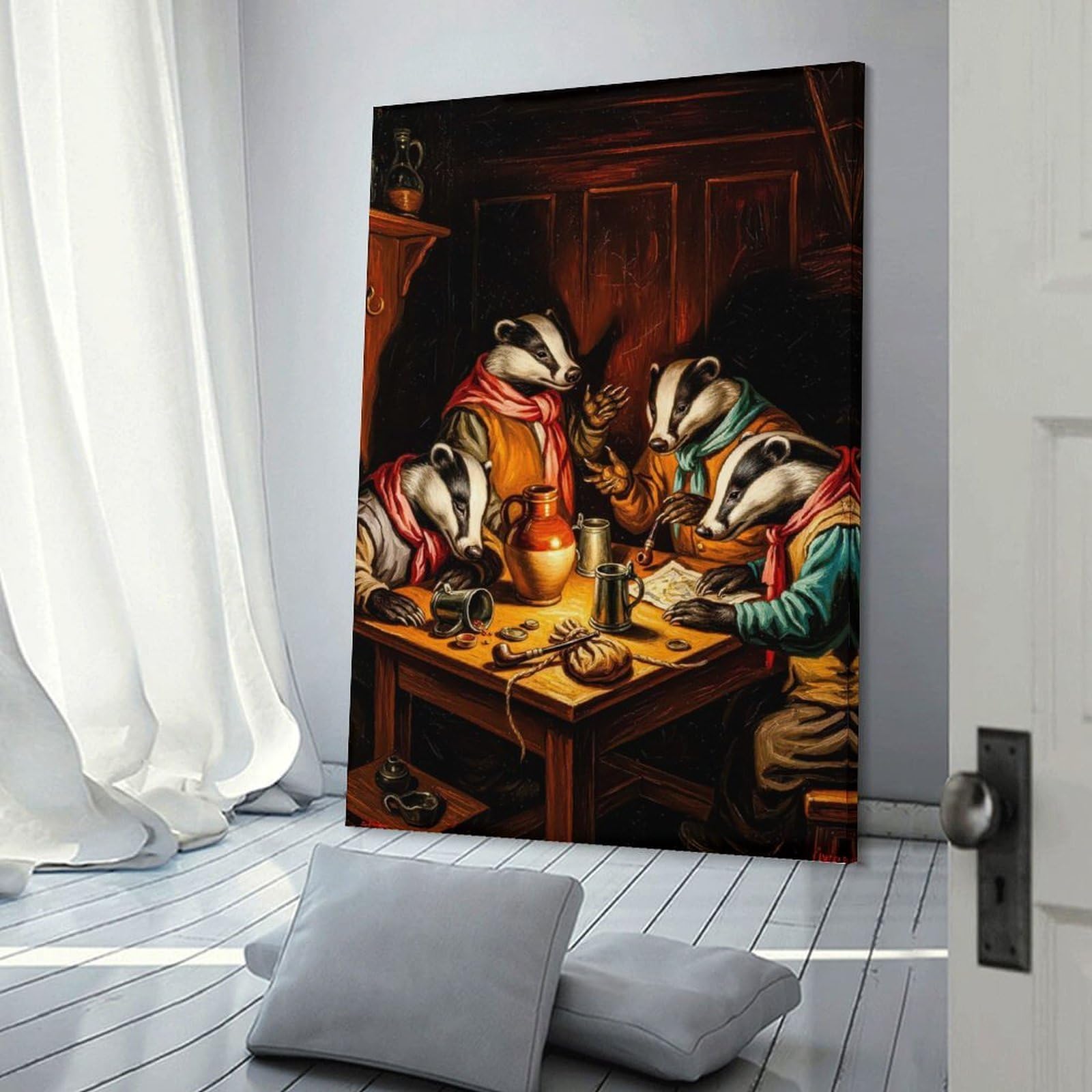 Junmoney Frame-Style-9 Anthropomorphic Badgers At Tavern Table Painting Home Decor Wall Art, 24X36inch(60X90cm), For Calm Bedrooms, Home Corners Or Flats, Canvas Wall Decor For Personal Spaces