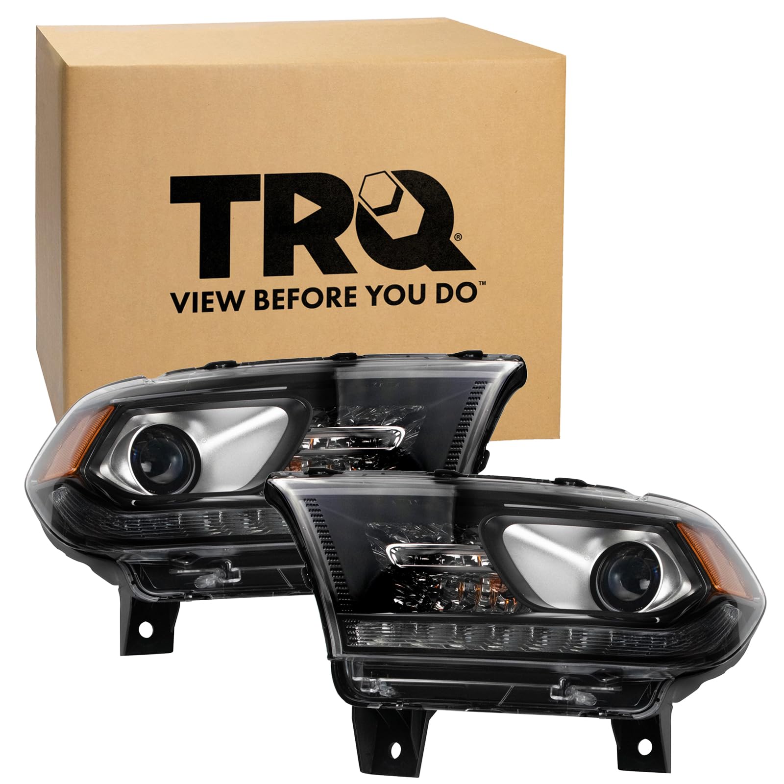 TRQ Driver and Passenger Side Headlight Assembly Set Black Housing Compatible with 14-15 Dodge Durango LED Daytime Running Lights Halogen Only